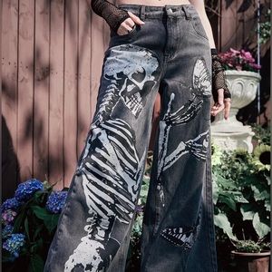 Goth Skeleton & Butterfly Print Wide Leg Jeans